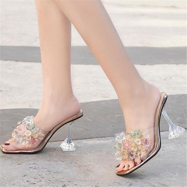 

slippers 2021 female string bead high heel transparent crystal square toe sandals women leisure summer shoes gold silver, Black