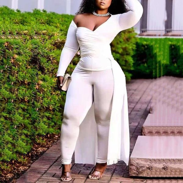 

women's two piece pants 4xl 5xl plus size sets solid bodycon asymmetric long blouse & pencil fashion evening night outfits clothes, White