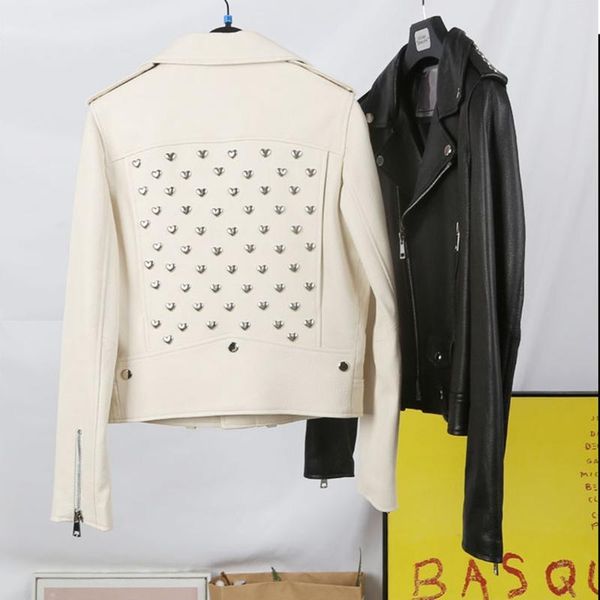 

women's leather & faux 100% real women coats natural sheepskin genuine short jacket soft love rivet decoration, Black