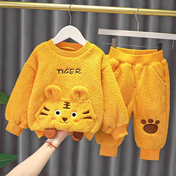 

winter children clothing set for baby boys girls autumn cartoon tiger jacket coat pants 2pcs baby sets warm plush kids clothes, White