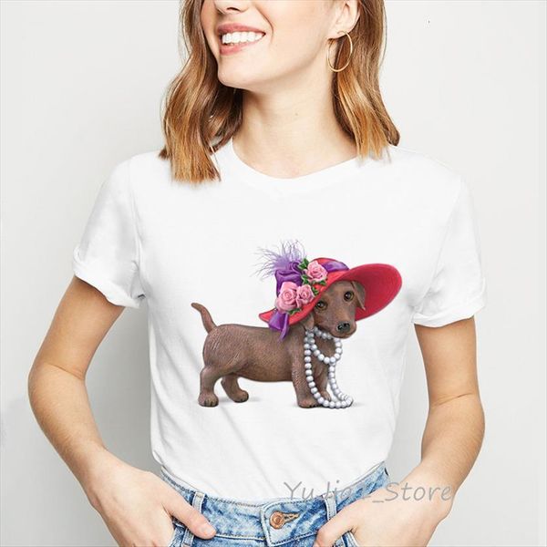 

cute dachshund with red womens hat funny harajuku kawaii dog woman clothes tee femme streetwear, White