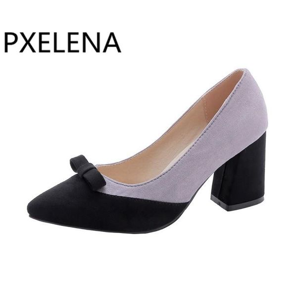 

dress shoes pxelena women chunky block high heel pointed toe bowknot shallow pumps ladies office mixed color slip on elegant plus size, Black