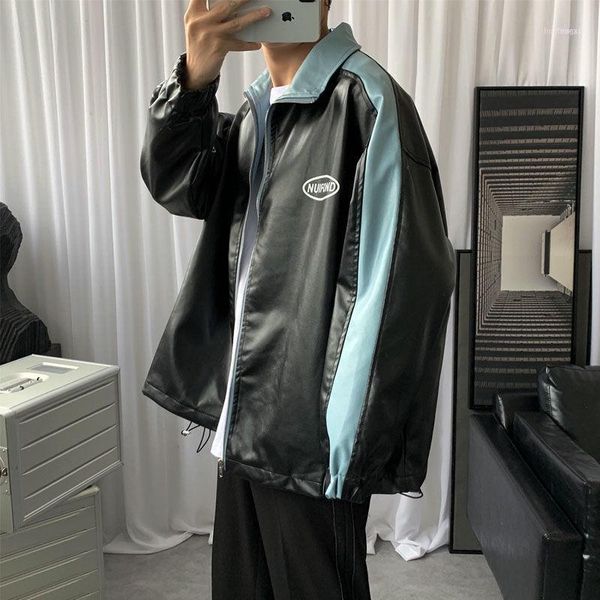 

men's jackets 2021 spring and autumn youth contrast printing hip hop leather fashion casual loose lapel gray / black m-xl1, Black;brown