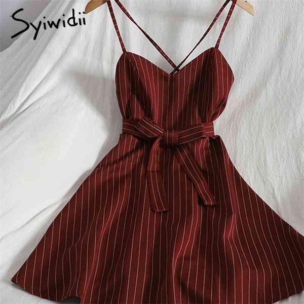 

fashion bow bandage high waist striped spaghetti strap dresses women sleeveless a-line clothes summer korean dress 210607, Black;gray