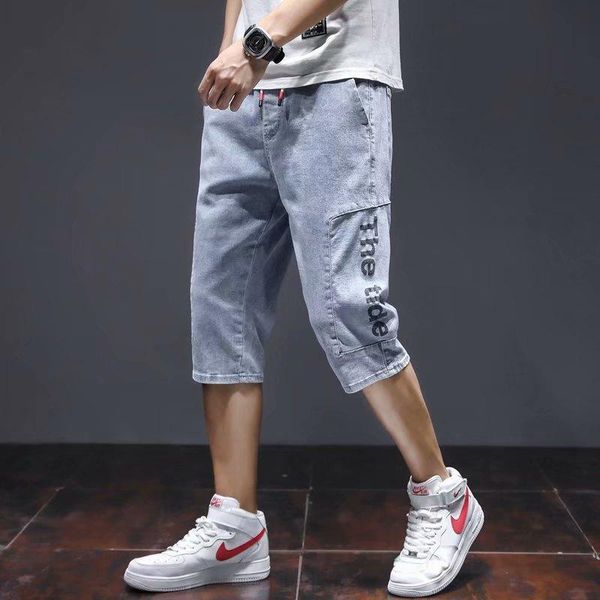 

men's jeans denim shorts summer thin casual elastic waist calf-length pants harlan korean wear holes pant spliced trousers, Blue