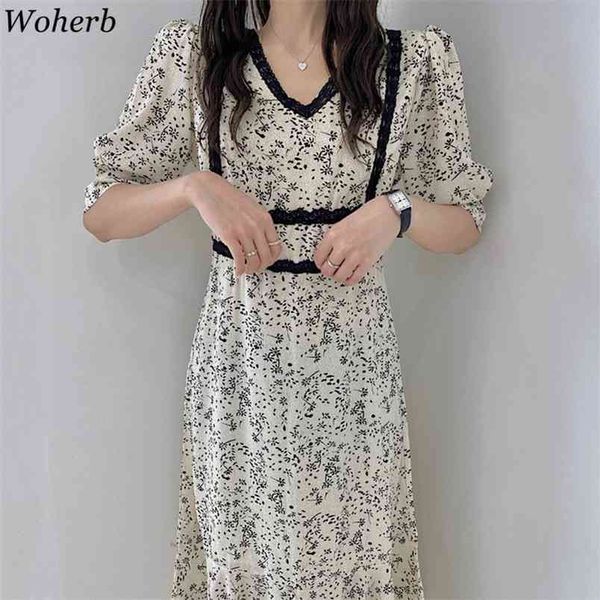 

summer vintage floral print short puff sleeve dress women v-neck lace patch sweet elegant robe vestidos de mujer 210519, Black;gray
