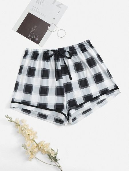 

plus plaid bow front contrast binding sleep shorts f4hx#, Black;white