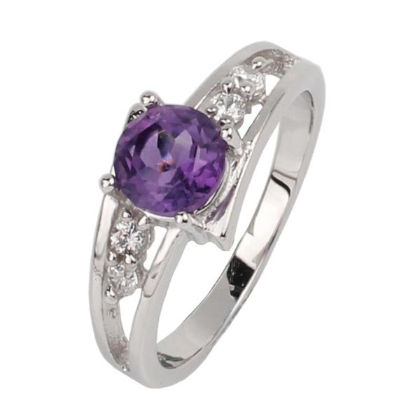 Anel de ametista roxo para mulheres 925 banda de prata 6.0mm design de noivado de cristal fevereiro jóias de birthstone r016pan anéis de cluster