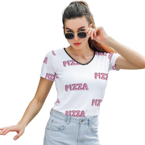 

pizza t shirt pattern ladies trendy t-shirt casual short-sleeve o neck polyester tee women's, White