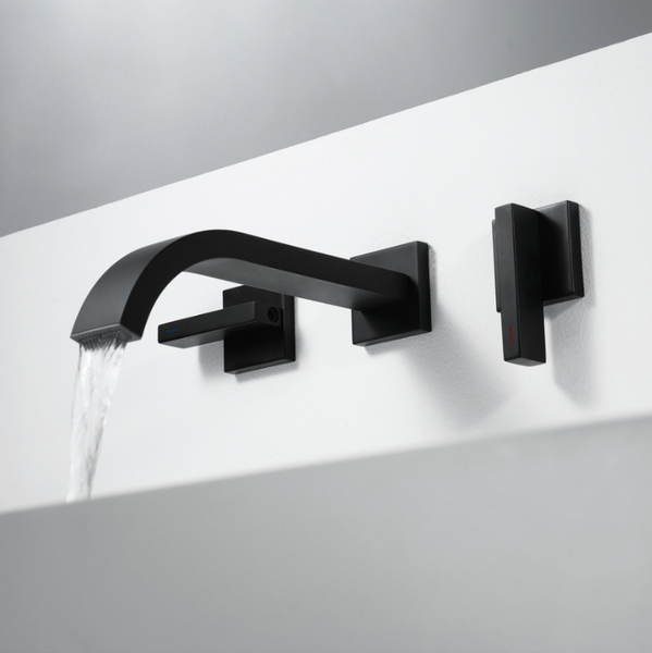 

modern basin set 3 hole matte black brass double handle wall mounted bathroom sink faucet cold tap in-wall faucets