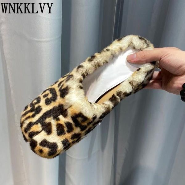 

leopard fur half slippers for women split toe chunky high heel lazy mules autumn winter comfort leisure shoes, Black