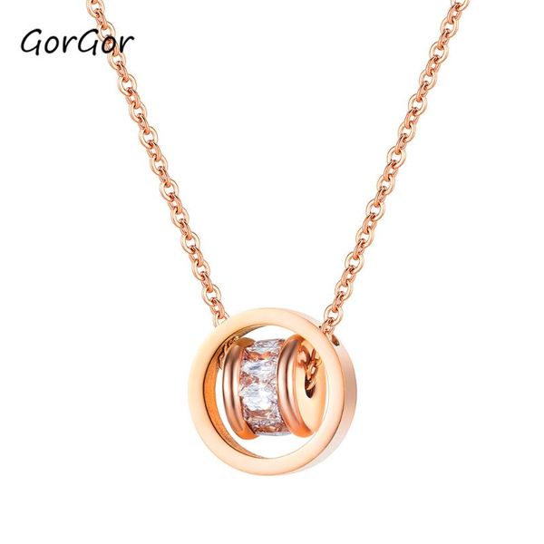 

pendant necklaces gorgor women office/career geometric cubic zirconia titanium steel o-chain ladies fashion accessories 1642, Silver