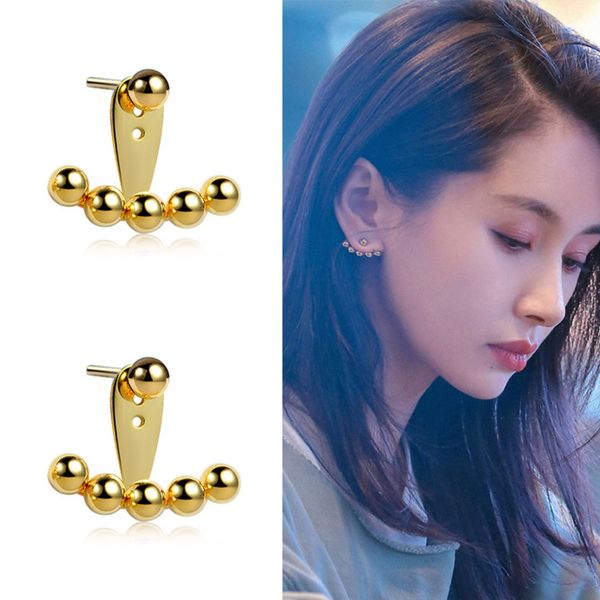 

s925 sterling silver wang ziwen same earrings round beans gold beads fan-shaped temperament earrings women's tanabata gift, Golden