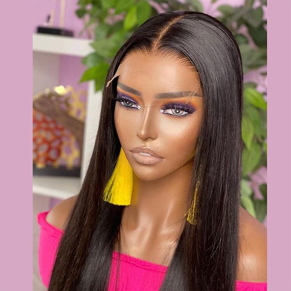 

synthetic wigs glueless jet black silky straight with baby hair lace front wig middle part natural hairline for women daily