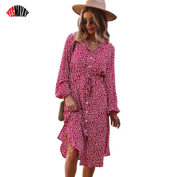

casual dresses autumn winter lace up midi dress women long sleeve button floral for woman robe femme 2021 fashion holiday, Black;gray