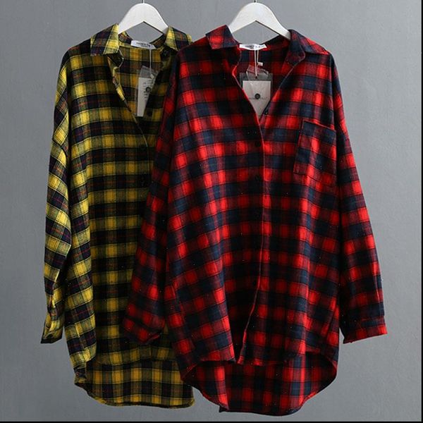 

autumn cotton plaids women blouses fashion plus size plaid red yellow, White