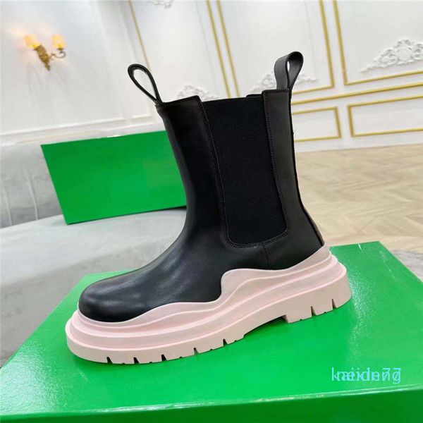Tasarımcı Çizmeler Kadın Lastikler Yukarı Tıknaz Sırtı Taban Dalgalı Boy Kauçuk Yuvarlak Ayak Platformu Buzağı Deri Pull-On Ayak Bileği Boot 35-40 9858