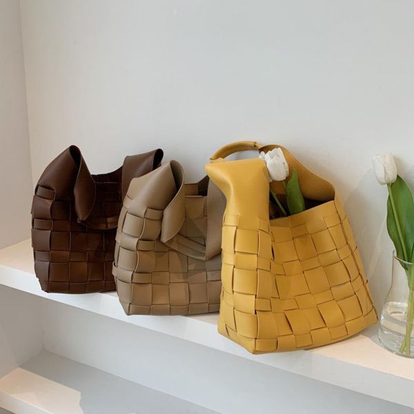 

totes brand pu leather hobo bag handmade woven casual female composite bucket handbag big capacity women single shoulder bags
