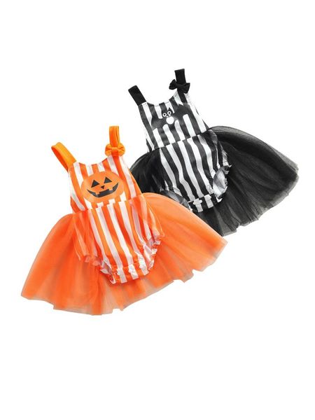 

girl's dresses halloween lovely baby girls romper dress 0-12m pumpkin striped printed sleeveless lace tutu jumpsuits, Red;yellow