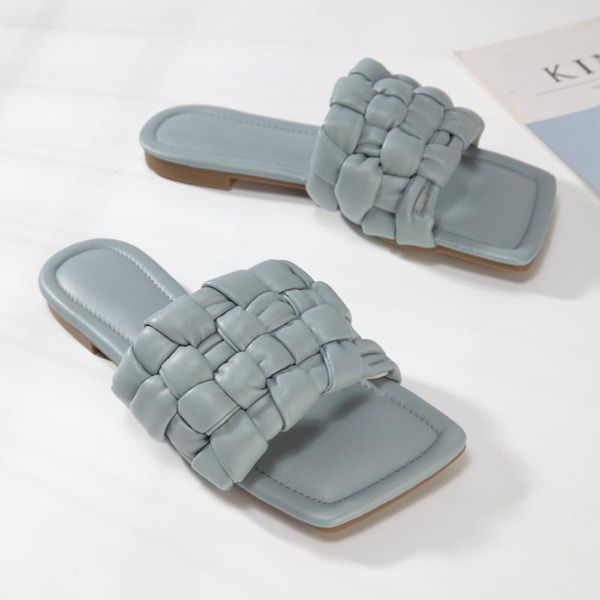 

braided flats square toe sandals for women open mules slippers casual shoes plus size 36-43, Black