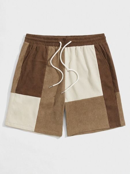 

men drawstring waist colorblock corduroy shorts e0xl#, Black