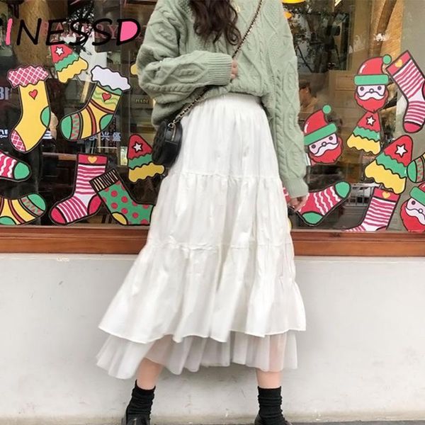

skirts 2021 summer women white cotton blended pleated skirt female fashion casual mid-calf long elastic high waist a-line xl, Black