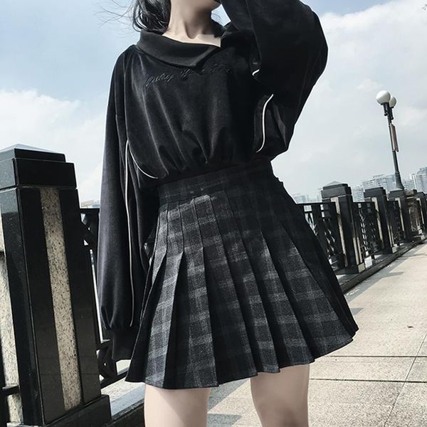 

skirts spring autumn 2021 harajuku women fashion dark gray pleated skirt gothic punk style high waist female mini shorts, Black