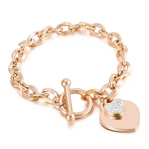 

rose gold stainless steel love heart bracelets for women party gift fashion charm cz rhinestone jewelry wholesale link, chain, Black