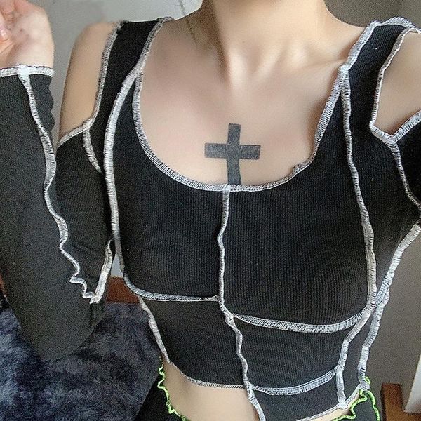 

women's t-shirt autumn women tshirt patchwork gothic t-shirts e-girl hollow out sleeve punk style crop tee slim fashion streetwear, White