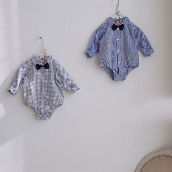 

baby boy clothes striped and plaid infant boys bow style anniversary jumpsuits 210521, Blue