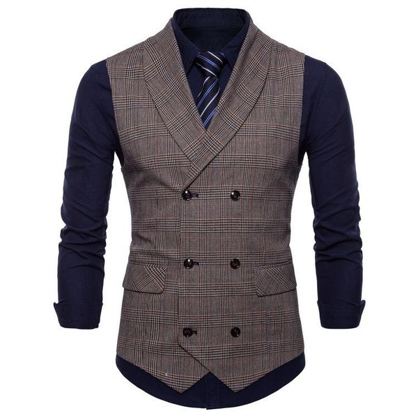 

men's vests spring and autumn plaid suit vest, slim fitting korean double row buckle vest, Black;white