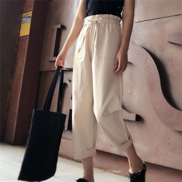 

women's pants & capris women casual harajuku spring summer long thin section trousers sashes high elastic waist ankle length haren, Black;white