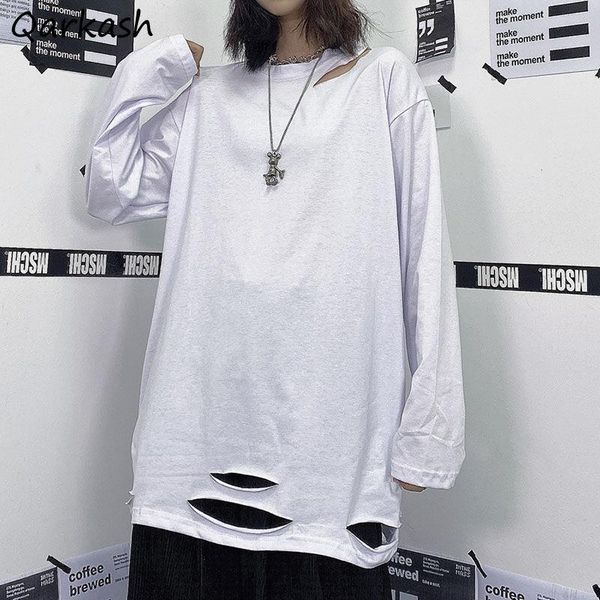 

t-shirts women hole high street couples harajuku baggy long sleeve tshirts o-neck long-style oversize all-match white tees chic women's
