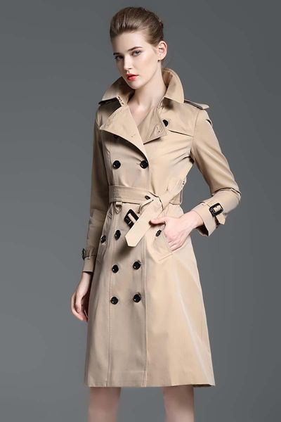 

women's trench coats obrix 5 female classical v-neck double breasted shortened sleeve a-line for women, Tan;black