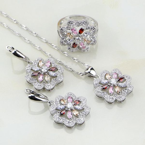 

wedding jewelry sets 925 silver flower multi-color stones for women earrings/pendant/necklace/rings, Slivery;golden