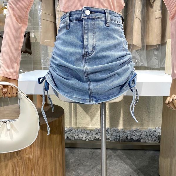 

women's shorts 2021 net red high waist double drawstring pleated hip raising pants slim versatile casual washed blue denim skirt, White;black