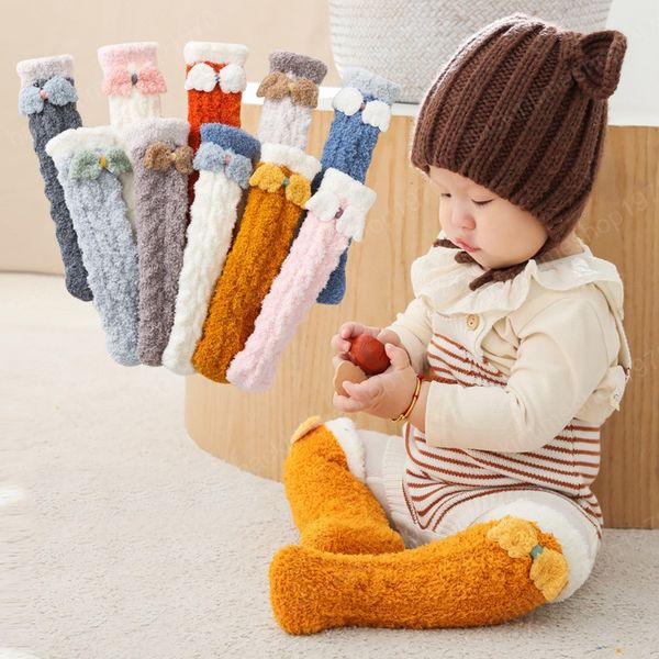

autumn winter warm long baby socks sweet coral fleece infant toddler socks soft knee high plush kid girl boy floor sock, Pink;yellow