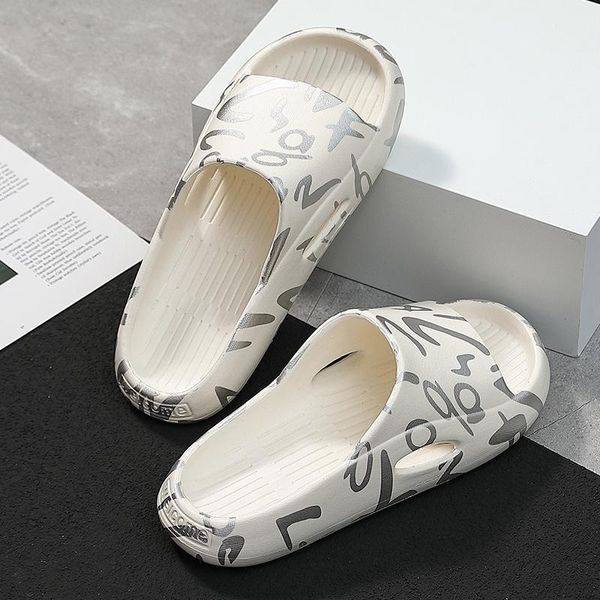 

slippers summer eva men's flip flops printing alphabet sandals woman graffiti non-slip outdoor thick beach slides ladies shoes, Black