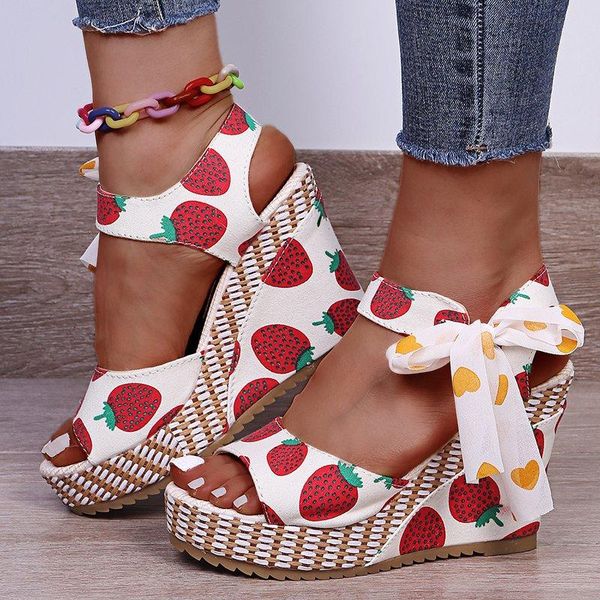 

sandals slope heel women fruit design 2021 summer straight line fish mouth bow women's shoes pu upper material, Black