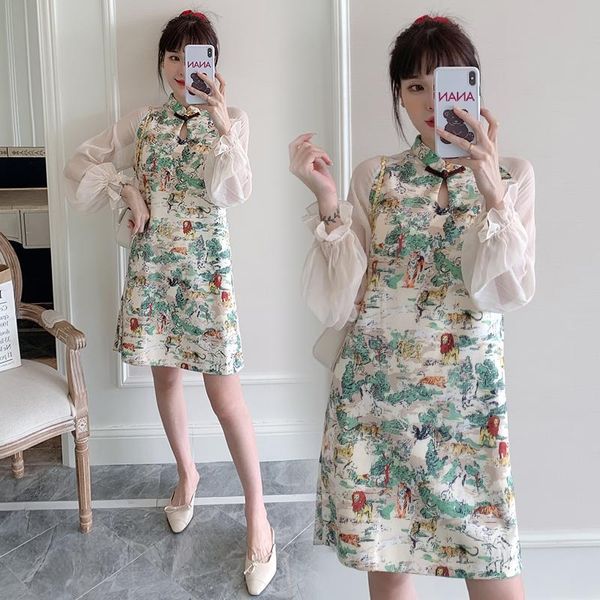 

maternity dresses 8700# clothes spring autumn long sleeve vintage loose stylish dress for pregnant women pregnancy, White