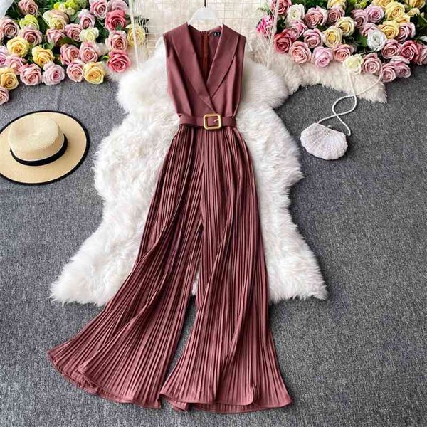 

vintage notched collar draped rompers for women casual sleeveless high waist wide leg playsuits female beige/green jumpsuit 210426, Black;white