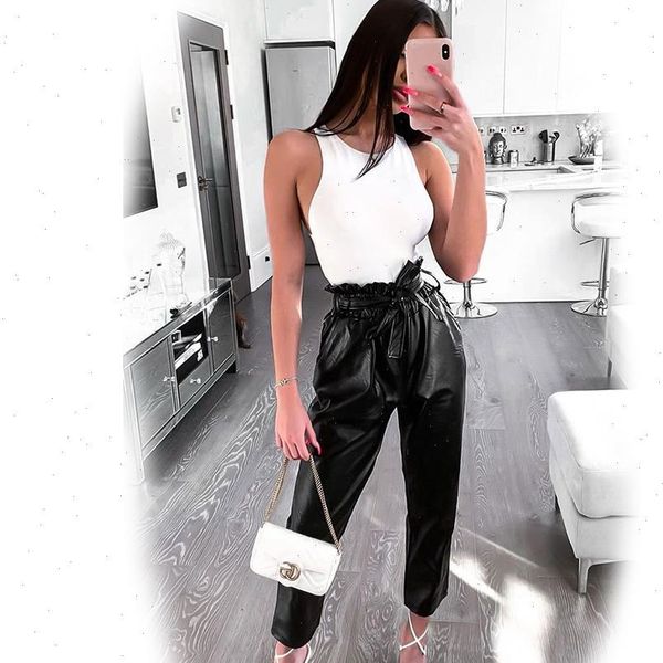 

black pu leather pockets belted womens pant tapered trousers harem, Black;white