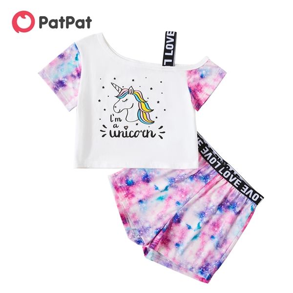 

arrival kids girl unicorn strappy tee and tie dye shorts set 210528, White