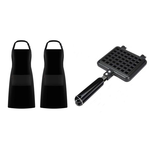 

aprons 2-pack black adjustable bib apron 2 pockets & 1x non-stick waffles maker machine kitchen waffle baking mold gas pan