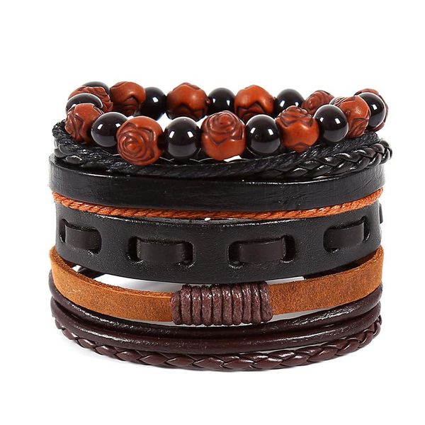 

charm bracelets vintage wood beads bracelet men 4pcs/set multi-layer braided leather rope & bangles for women jewellery gift dropship, Golden;silver