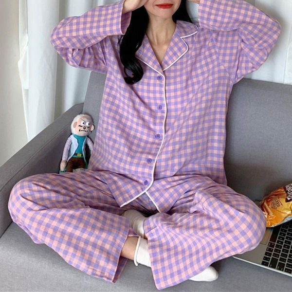

korean purple grid girls pajamas set cute winter long sleeve leisure sleepwear for women loose nightwear homewear suit women's swimwear, White;black