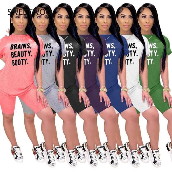 

printed letter tracksuit female 2 pea set summer and shorts t shirt biker plus size women's clothing gym, White;black