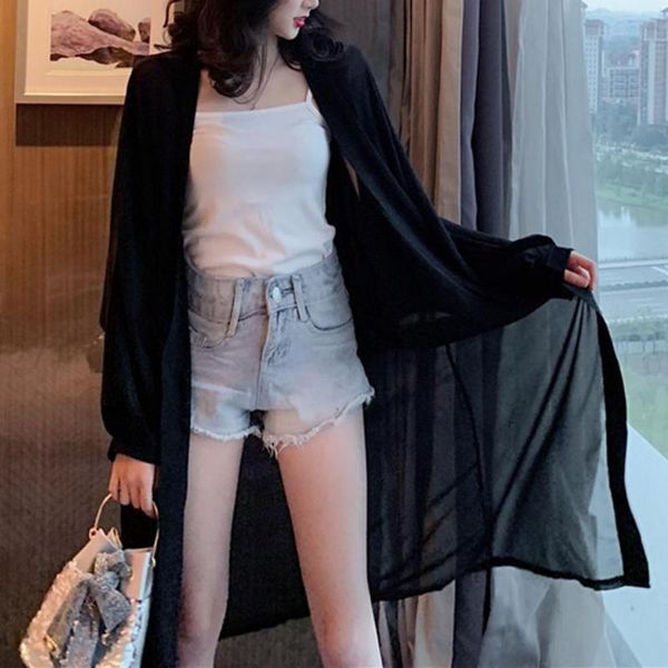 

women's swimwear women summer long batwing sleeve solid color anti sun thin cardigan midi coat loose cardigans comfortable, White;black