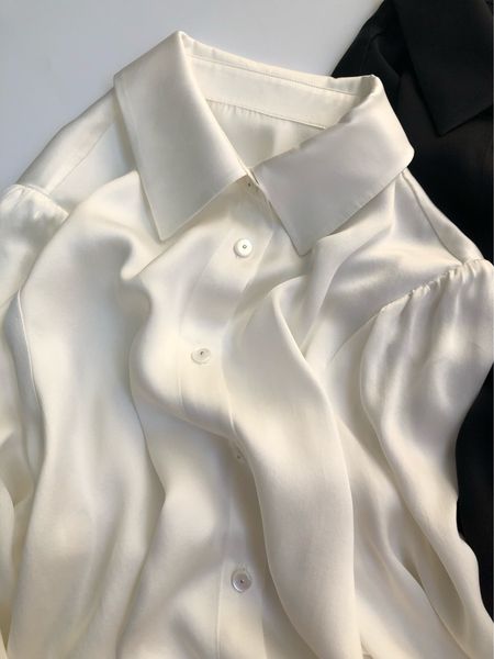 

skirt satin ladies blouses 100% black/white autumn soft female shirt