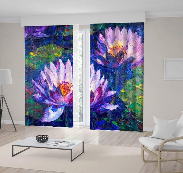 

curtain & drapes lotus waterlilies flowers and leaves pattern in oil painting artwork blue green lilac